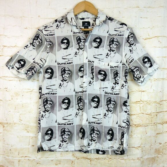 H&M x Outkast Shirt Mens XS Relaxed Ivory Black Graphic Button Camp Hip Hop Rap - Picture 3 of 10
